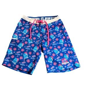 Dixxon Aloha Pin Up Board Shorts Mens 32 Blue Pink Floral‎ Hibiscus Swim Trunks